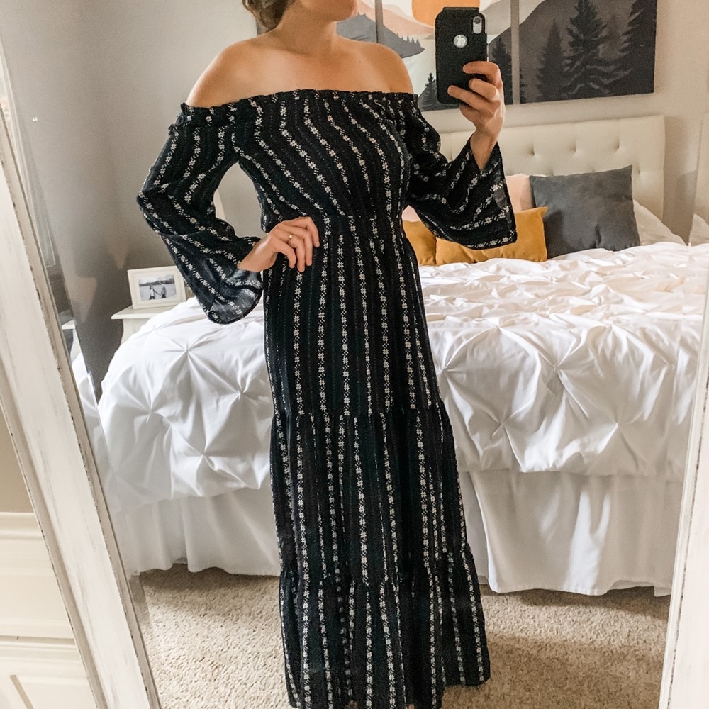 Chloah navy floral off the shoulder maxi dress